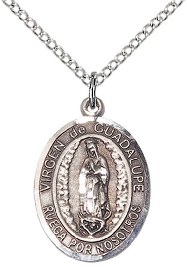 STERLING SILVER VIRGEN DE GUADALUPE PENDANT WITH CHAIN - 3/4" x 1/2"