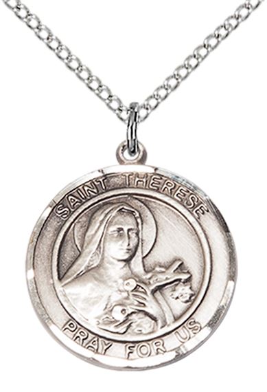 STERLING SILVER ST THERESE OF LISIEUX PENDANT WITH CHAIN - 3/4" x 5/8"