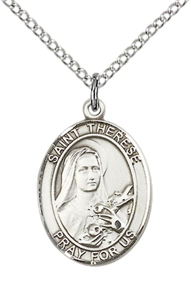 STERLING SILVER ST THERESE OF LISIEUX PENDANT WITH CHAIN - 3/4" x 1/2"