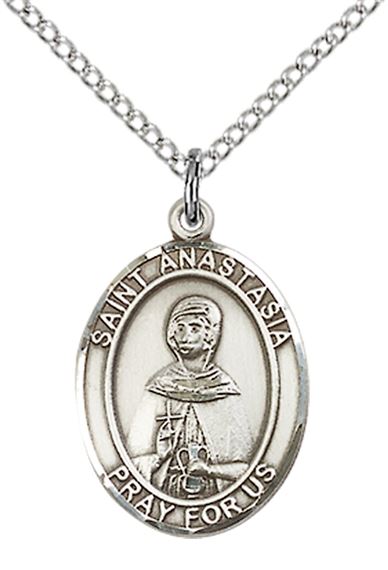 STERLING SILVER ST ANASTASIA PENDANT WITH CHAIN - 3/4" x 1/2"