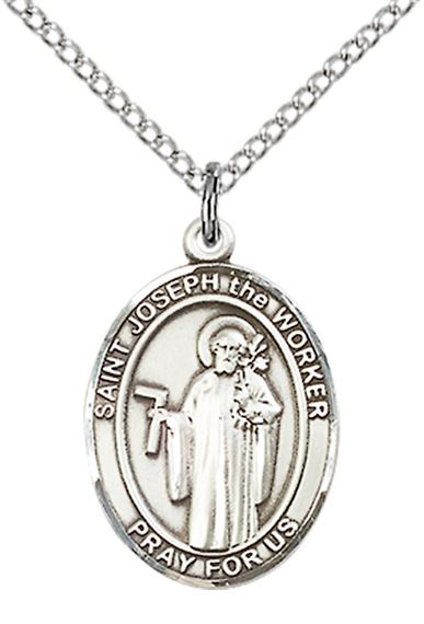 STERLING SILVER ST JOSEPH THE WORKER PENDANT WITH CHAIN - 3/4" x 1/2"
