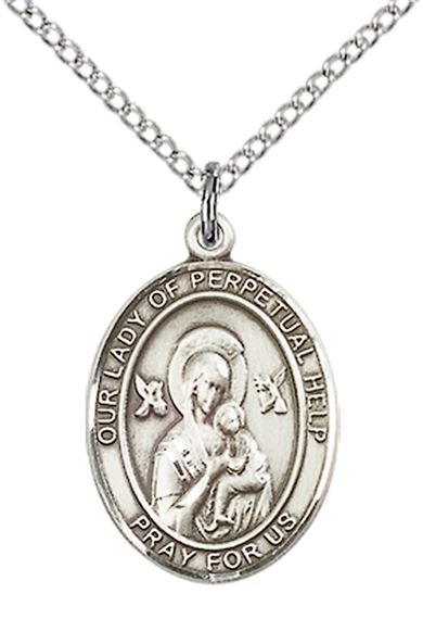 STERLING SILVER OUR LADY OF PERPETUAL HELP PENDANT WITH CHAIN - 3/4" x 1/2"