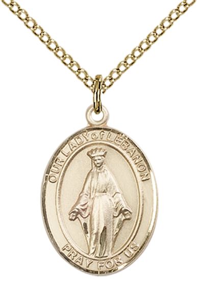 14KT GOLD FILLED OUR LADY OF LEBANON PENDANT WITH CHAIN - 3/4" x 1/2"