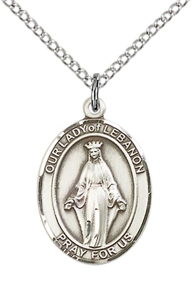 STERLING SILVER OUR LADY OF LEBANON PENDANT WITH CHAIN - 3/4" x 1/2"