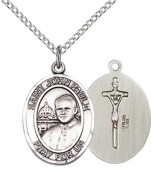 STERLING SILVER ST JOHN PAUL II PENDANT WITH CHAIN - 3/4" x 1/2"