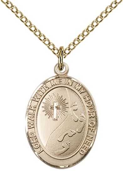 14KT GOLD FILLED FOOTPRINTS CROSS PENDANT WITH CHAIN - 3/4" x 1/2"