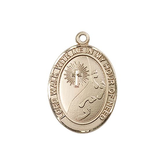 14KT GOLD FOOTPRINTS CROSS MEDAL - 3/4" x 1/2"