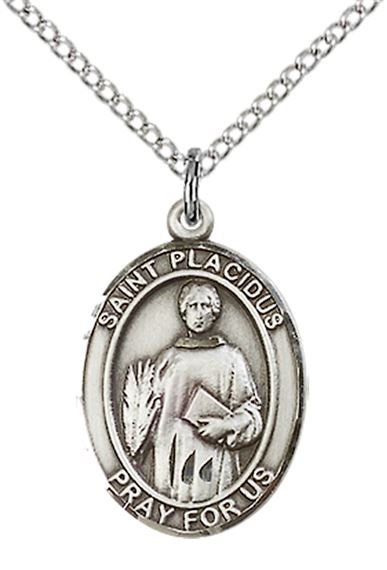 STERLING SILVER ST PLACIDUS PENDANT WITH CHAIN - 3/4" x 1/2"