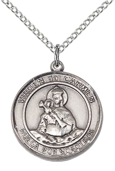 STERLING SILVER VIRGEN DEL CARMEN PENDANT WITH CHAIN - 3/4" x 5/8"
