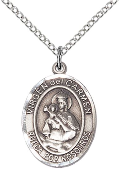 STERLING SILVER VIRGEN DEL CARMEN PENDANT WITH CHAIN - 3/4" x 1/2"