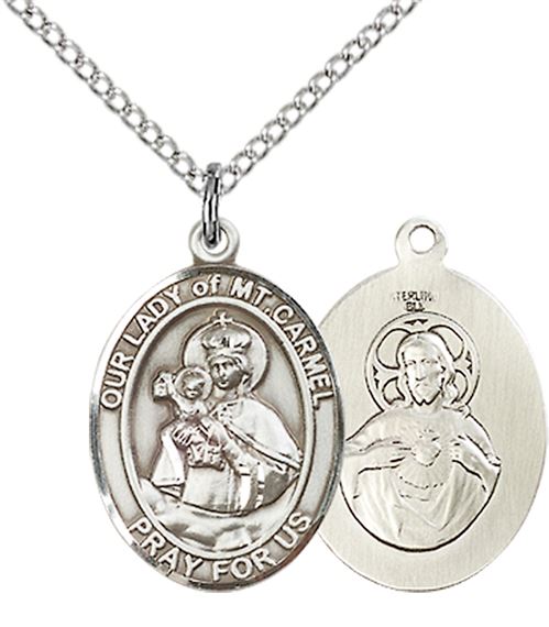 STERLING SILVER OUR LADY OF MOUNT CARMEL PENDANT WITH CHAIN - 3/4" x 1/2"