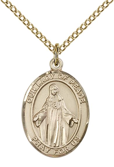 14KT GOLD FILLED OUR LADY OF PEACE PENDANT WITH CHAIN - 3/4" x 1/2"