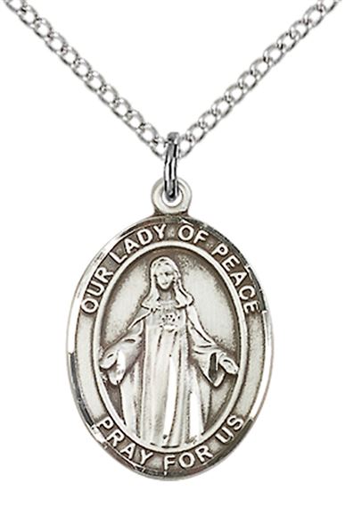 STERLING SILVER OUR LADY OF PEACE PENDANT WITH CHAIN - 3/4" x 1/2"