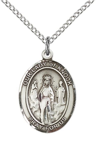 STERLING SILVER OUR LADY OF KNOCK PENDANT WITH CHAIN - 3/4" x 1/2"