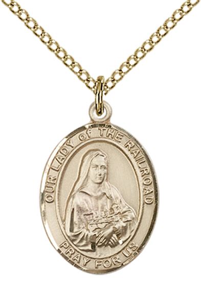 14KT GOLD FILLED OUR LADY OF THE RAILROAD PENDANT WITH CHAIN - 3/4" x 1/2"