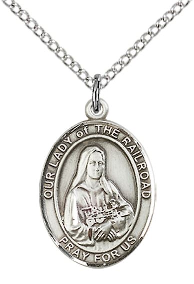 STERLING SILVER OUR LADY OF THE RAILROAD PENDANT WITH CHAIN - 3/4" x 1/2"
