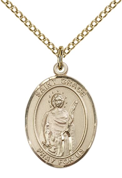 14KT GOLD FILLED ST GRACE PENDANT WITH CHAIN - 3/4" x 1/2"
