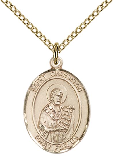 14KT GOLD FILLED ST CHRISTIAN DEMOSTHENES PENDANT WITH CHAIN - 3/4" x 1/2"