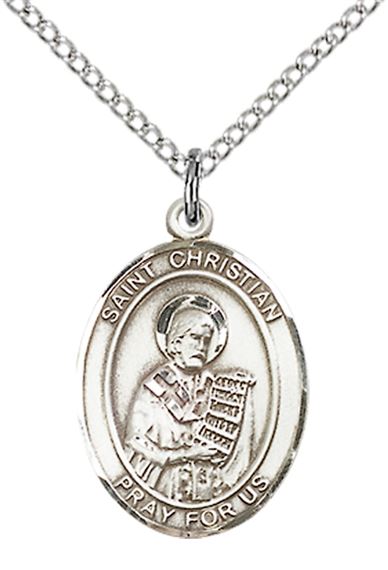 STERLING SILVER ST CHRISTIAN DEMOSTHENES PENDANT WITH CHAIN - 3/4" x 1/2"