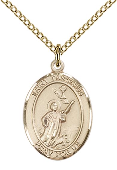 14KT GOLD FILLED ST TARCISIUS PENDANT WITH CHAIN - 3/4" x 1/2"
