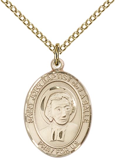 14KT GOLD FILLED ST JOHN BAPTIST DE LA SALLE PENDANT WITH CHAIN - 3/4" x 1/2"