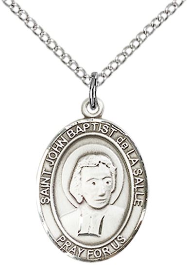STERLING SILVER ST JOHN BAPTIST DE LA SALLE PENDANT WITH CHAIN - 3/4" x 1/2"