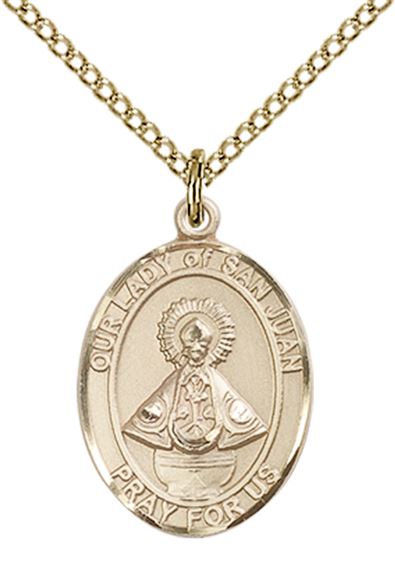 14KT GOLD FILLED OUR LADY OF SAN JUAN PENDANT WITH CHAIN - 3/4" x 1/2"