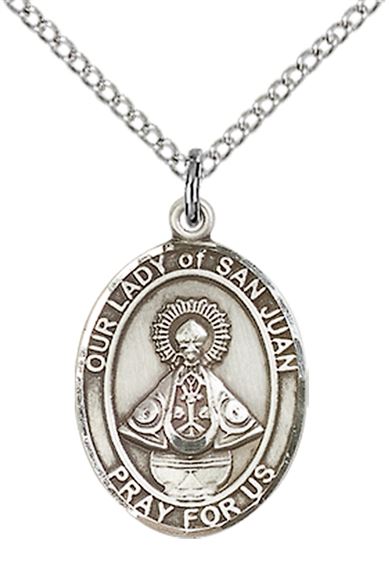 STERLING SILVER OUR LADY OF SAN JUAN PENDANT WITH CHAIN - 3/4" x 1/2"