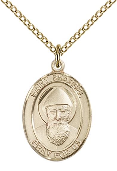 14KT GOLD FILLED ST SHARBEL PENDANT WITH CHAIN - 3/4" x 1/2"