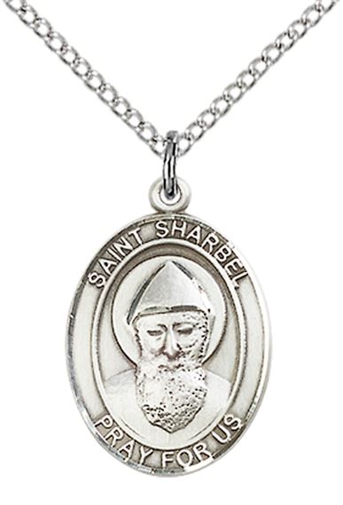 STERLING SILVER ST SHARBEL PENDANT WITH CHAIN - 3/4" x 1/2"