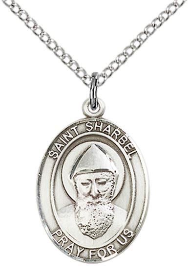 STERLING SILVER ST SHARBEL PENDANT WITH CHAIN - 3/4" x 1/2"