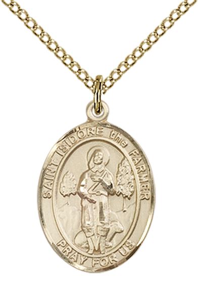 14KT GOLD FILLED ST ISIDORE THE FARMER PENDANT WITH CHAIN - 3/4" x 1/2"