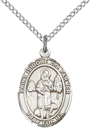 STERLING SILVER ST ISIDORE THE FARMER PENDANT WITH CHAIN - 3/4" x 1/2"