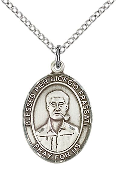STERLING SILVER BLESSED PIER GIORGIO FRASSATI PENDANT WITH CHAIN - 3/4" x 1/2"