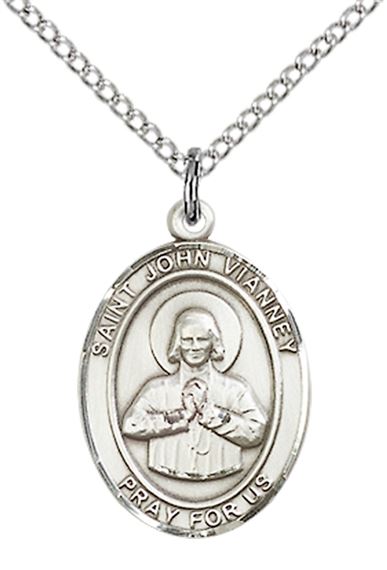 STERLING SILVER ST JOHN VIANNEY PENDANT WITH CHAIN - 3/4" x 1/2"