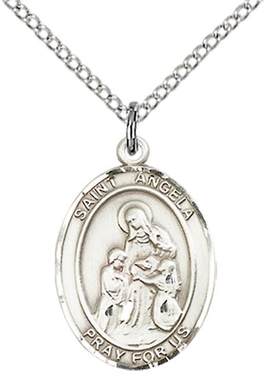 STERLING SILVER ST ANGELA MERICI PENDANT WITH CHAIN - 3/4" x 1/2"