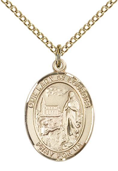 14KT GOLD FILLED OUR LADY OF LOURDES PENDANT WITH CHAIN - 3/4" x 1/2"