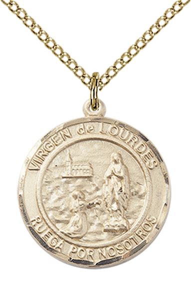 14KT GOLD FILLED VIRGEN DE LOURDES PENDANT WITH CHAIN - 3/4" x 5/8"