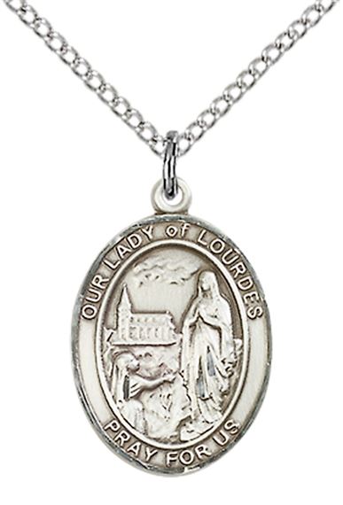 STERLING SILVER OUR LADY OF LOURDES PENDANT WITH CHAIN - 3/4" x 1/2"