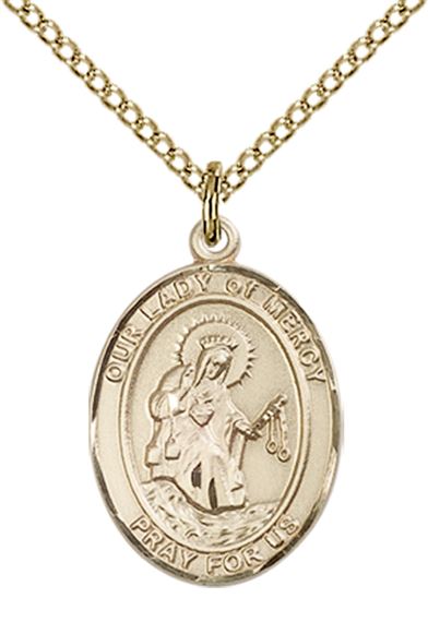 14KT GOLD FILLED OUR LADY OF MERCY PENDANT WITH CHAIN - 3/4" x 1/2"