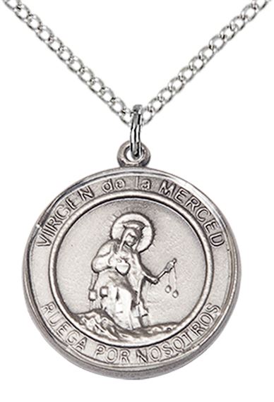 STERLING SILVER VIRGEN DE LA MERCE PENDANT WITH CHAIN - 3/4" x 5/8"