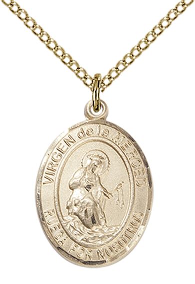14KT GOLD FILLED VIRGEN DE LA MERCED PENDANT WITH CHAIN - 3/4" x 1/2"