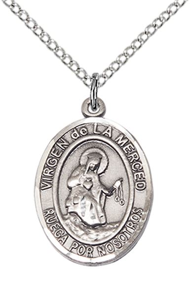 STERLING SILVER VIRGEN DE LA MERCED PENDANT WITH CHAIN - 3/4" x 1/2"
