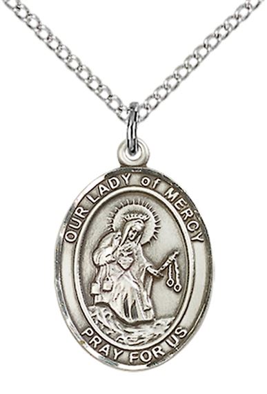 STERLING SILVER OUR LADY OF MERCY PENDANT WITH CHAIN - 3/4" x 1/2"