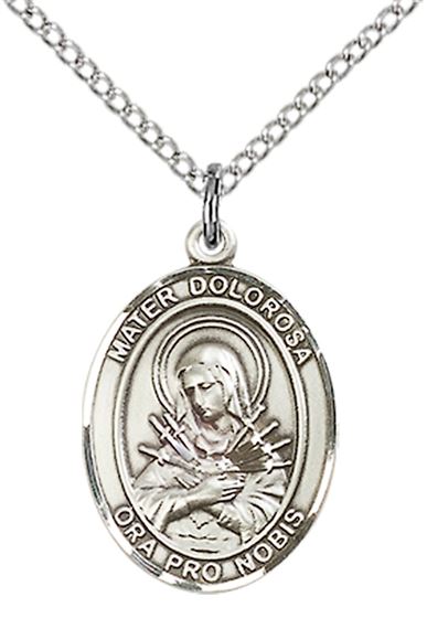 STERLING SILVER MATER DOLOROSA PENDANT WITH CHAIN - 3/4" x 1/2"