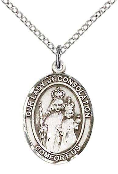 STERLING SILVER OUR LADY OF CONSOLATION PENDANT WITH CHAIN - 3/4" x 1/2"