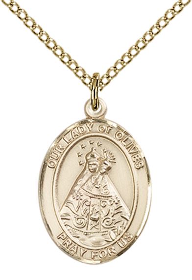 14KT GOLD FILLED OUR LADY OF OLIVES PENDANT WITH CHAIN - 3/4" x 1/2"