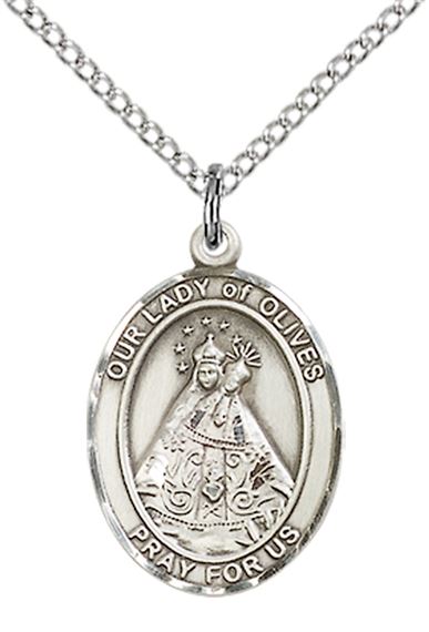 STERLING SILVER OUR LADY OF OLIVES PENDANT WITH CHAIN - 3/4" x 1/2"