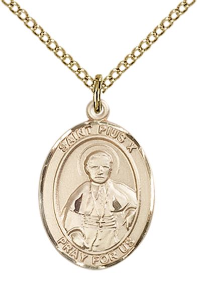 14KT GOLD FILLED ST PIUS X PENDANT WITH CHAIN - 3/4" x 1/2"