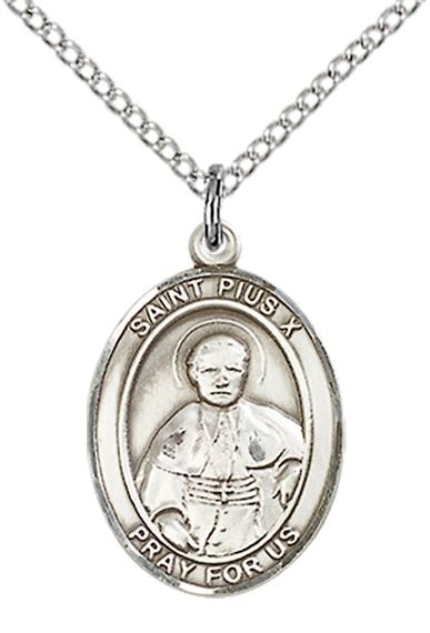STERLING SILVER ST PIUS X PENDANT WITH CHAIN - 3/4" x 1/2"